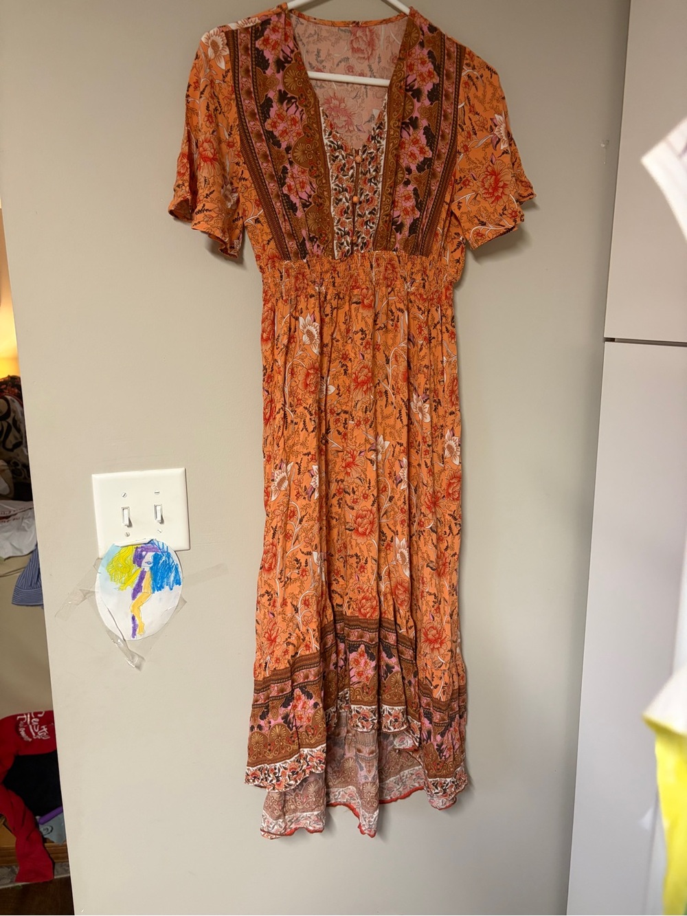 Boho Floral Maxi Dress Hi-Low Flowy Sleeves Autumn Staple Dress Medium EUC rayon